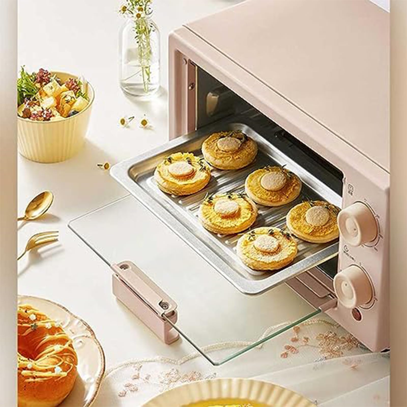 Horno de convección Mini de 10L, pequeño Horno eléctrico doméstico Multifuncional, Horno de Cocina portátil para Hornear Pan, Galletas, Pizza, tostar & Asar a la Parrilla, Rosa