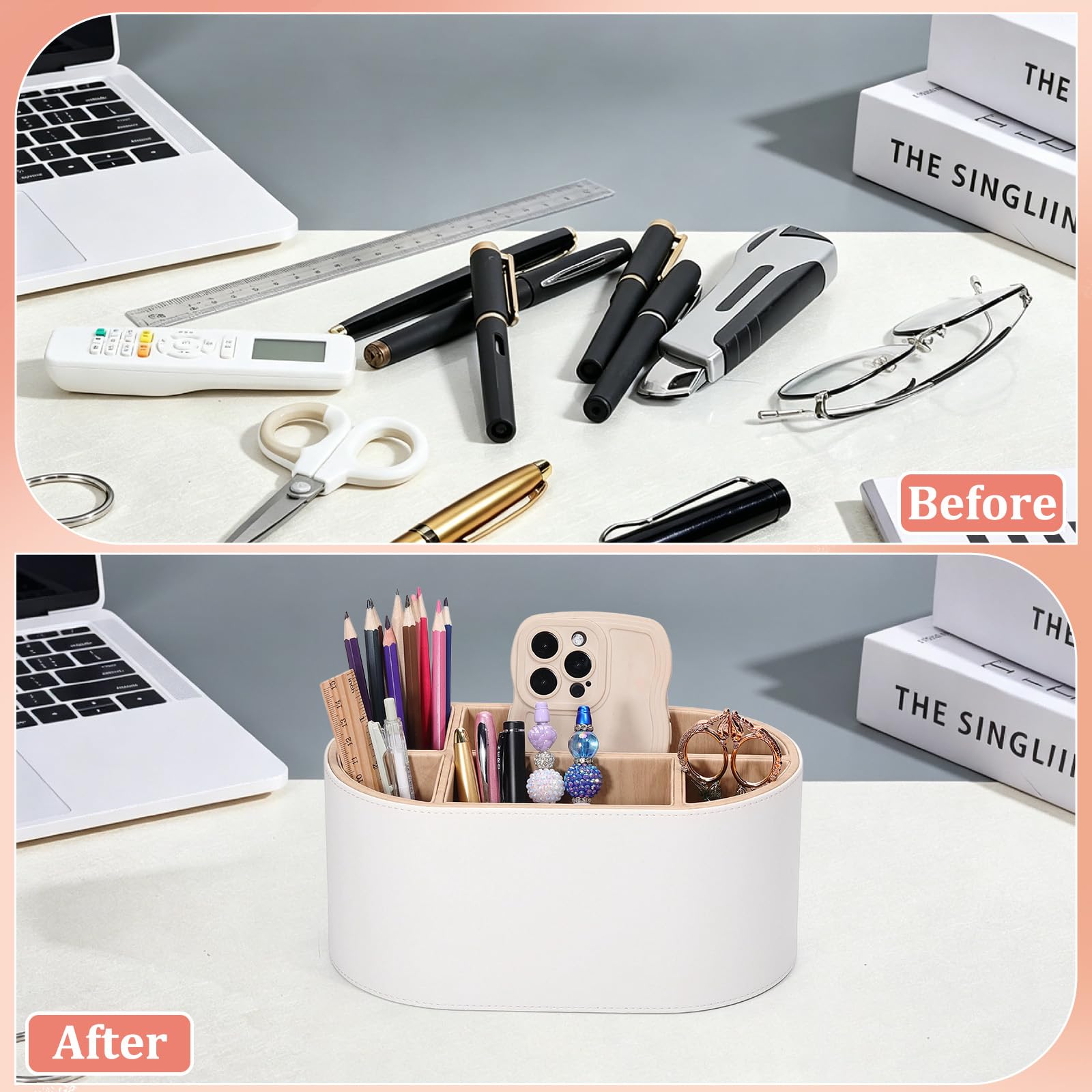 Organizador de escritorio de piel sintética con múltiples compartimentos, organizador de accesorios para mandos a distancia, bolígrafos, brochas de maquillaje, oficina, hogar, escuela
