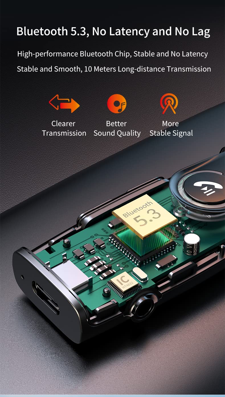 Bluetooth Empfänger für Auto, Bluetooth 5.3 AUX Adapter, Drahtloser Empfänger Sender mit LED-Anzeige, Audio-Empfänger für alte Lautsprecher/Telefon/Kopfhörer/PC, unterstützt 2 Geräte, geringe