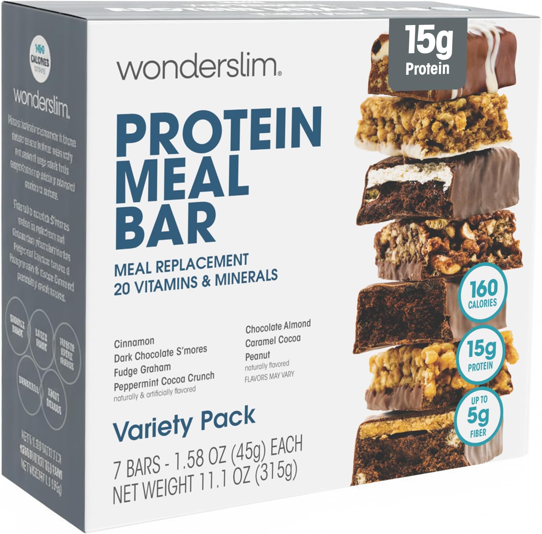 WonderSlim Meal Replacement Protein Bar, Variety Pack, 15g Protein, 20 Vitami...