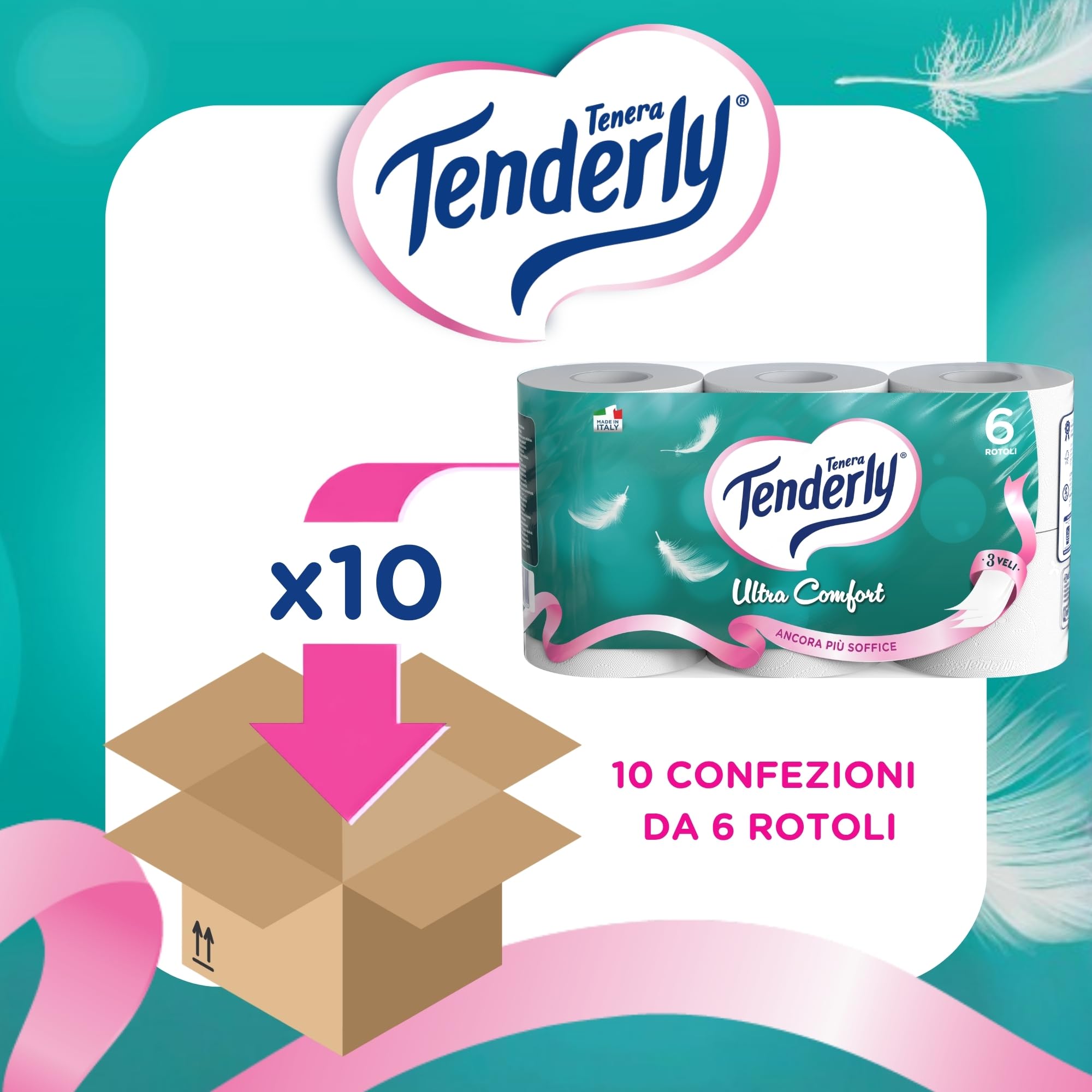 Tenderly Ultra Comfort, 56 rollos de papel higiénico puro, 3 capas, 200 tiras por rollo, delicado con la piel, dermatológicamente probado