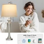 30" Silver Table Lamps Set of 2, 3-Way Dimmable Touch Living Room Lamp with USB A+C Ports and AC Outlet, Modern Brushed Nickel Bedroom Lamps, Tall Metal Bedside Lamp for Nightstand Side Table
