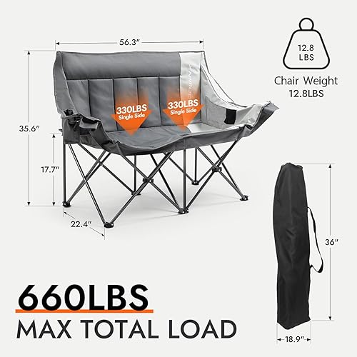 Miniatura 2 de Dowinx Silla de campamento doble, sofá biplaza plegable de gran tamaño con asiento acolchado, silla de césped portátil resistente de 660 libras con