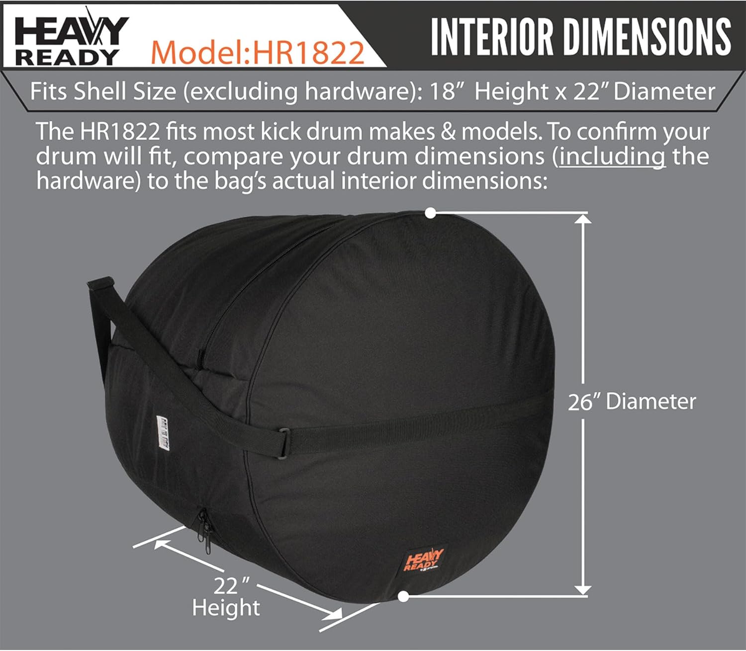 Protec Bass Drum, Black, Kick 18 x 22 (hgt x Dia) (HR1822)