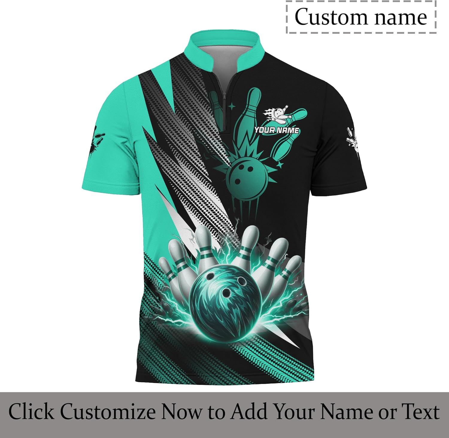 Bowling Zipper T Shirt with Custom Name Print Purple Bowling Themed and Thunder Pattern Zip Up Jersey for Bowling Lover