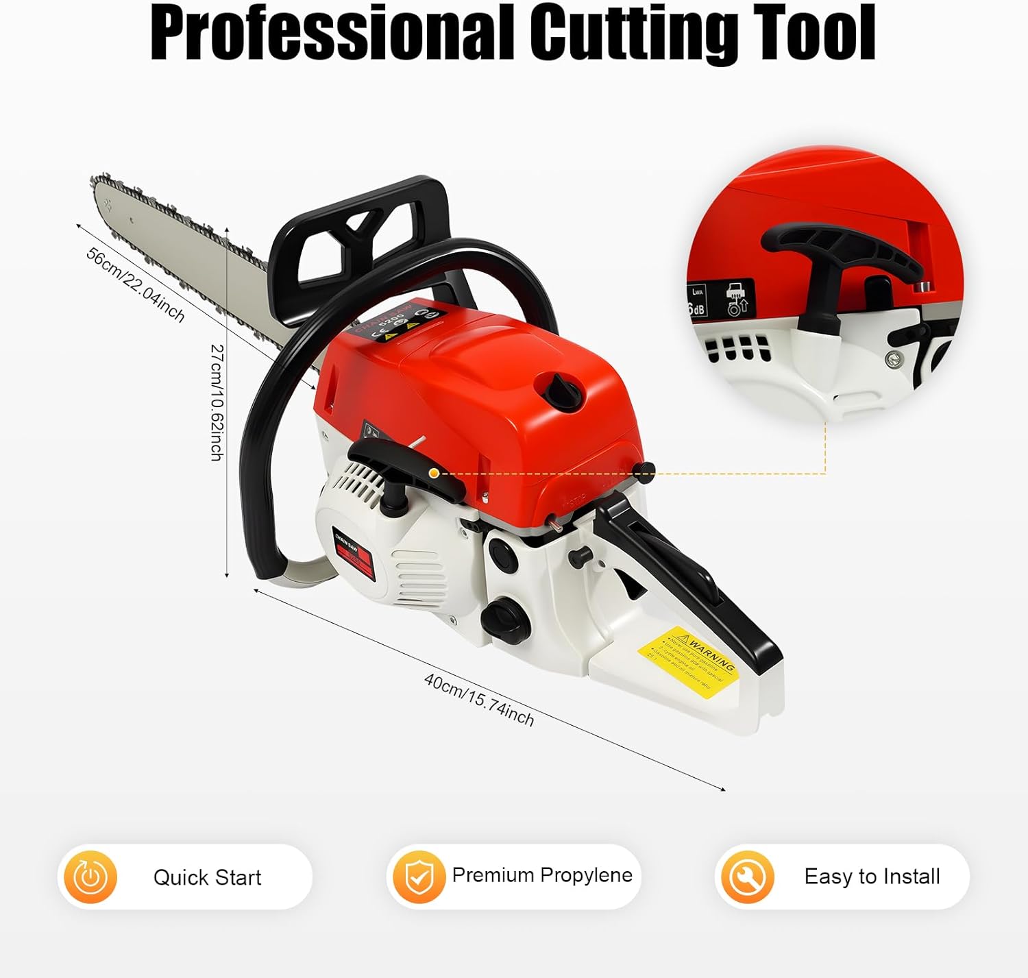 Gas Chainsaw, 52CC 2-Cycle Gasoline Powered Chainsaw, 22 Inch 7500RPM Handheld Cordless Petrol Chain Saws For Forest, Wood, Garden & Farm Cutting Use