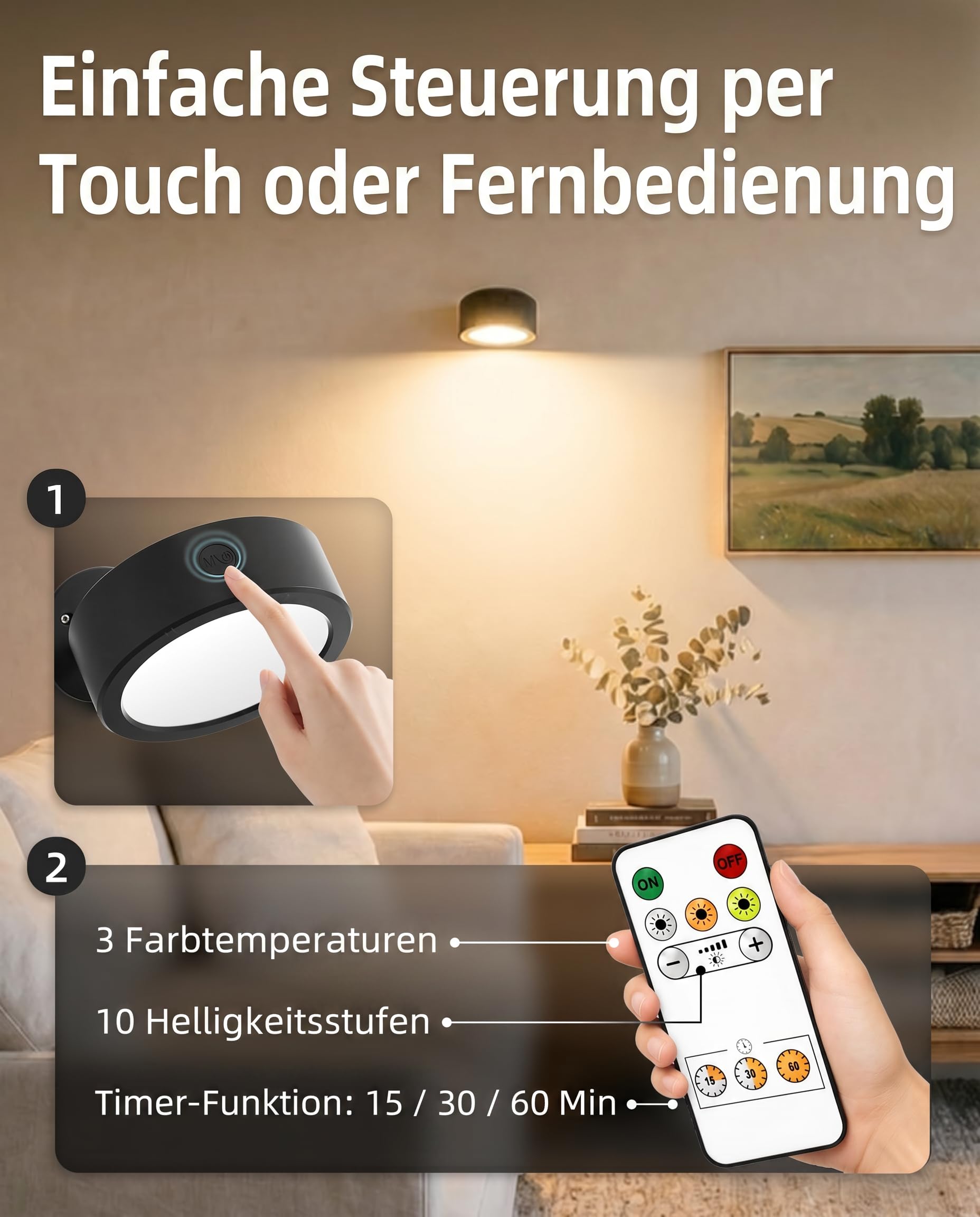 EZVALO Kinkiet LED do wnętrz z akumulatorem 5500 mAh, lampa ścienna bezprzewodowa z pilotem zdalnego sterowania, obracana o 360°, 3 tryby kolorów, sterowanie dotykowe, dla dzieci, salonu, sypialni