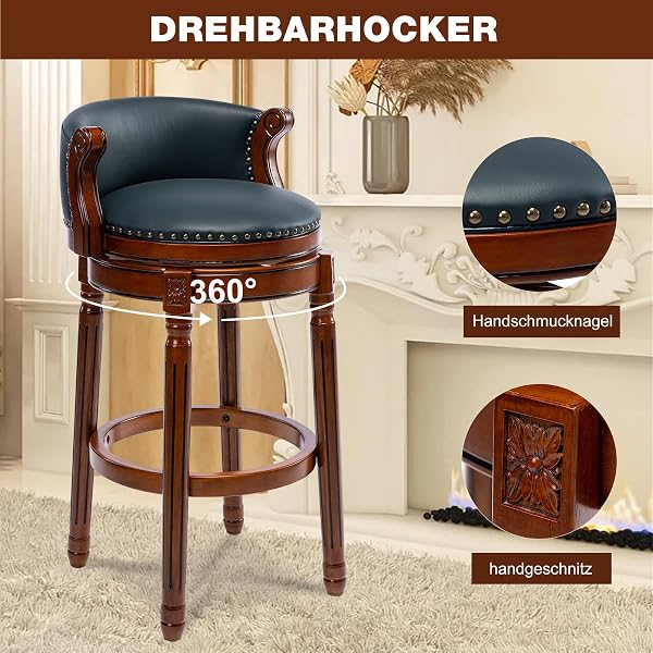 Cow top Leather Wooden Bar Stools, 29.5" Counter Height Bar Chair with Back, 180 Degrees Swivel Barstools Chair for Home Kitchen Counter ,Dining Room, Restaurant,Study and Pub,1pc (Dark Blue) - 5