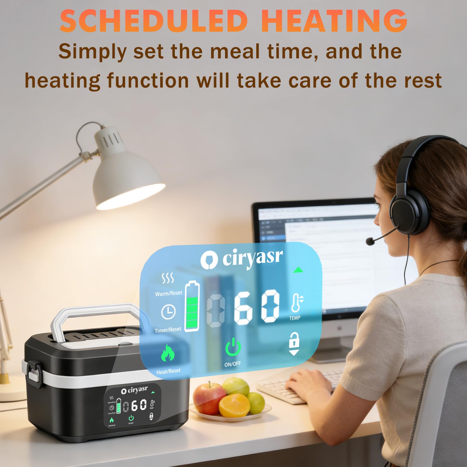 CIRYASR Scaldavivande Elettrico Portatile a Batteria 20000mAh, 100W Ricaricabile Lunch Box con Contenitore Interno da 1,35L in Acciaio Inox e Posate, Scaldavivande Senza Fili per Ufficio Auto Viaggi