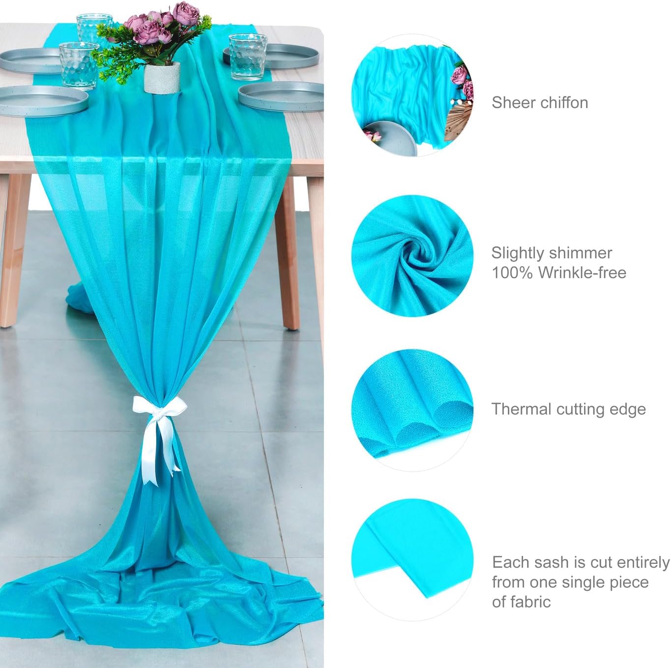 VDS 10ft Chiffon Table Runner 29x120 Inches Shimmer Sheer Centerpiece Cloth for Wedding Bridal Shower Birthday Graduation Engagement Ceremony Event Party Banquet Table Decoration (5 PC)(Turquoise)