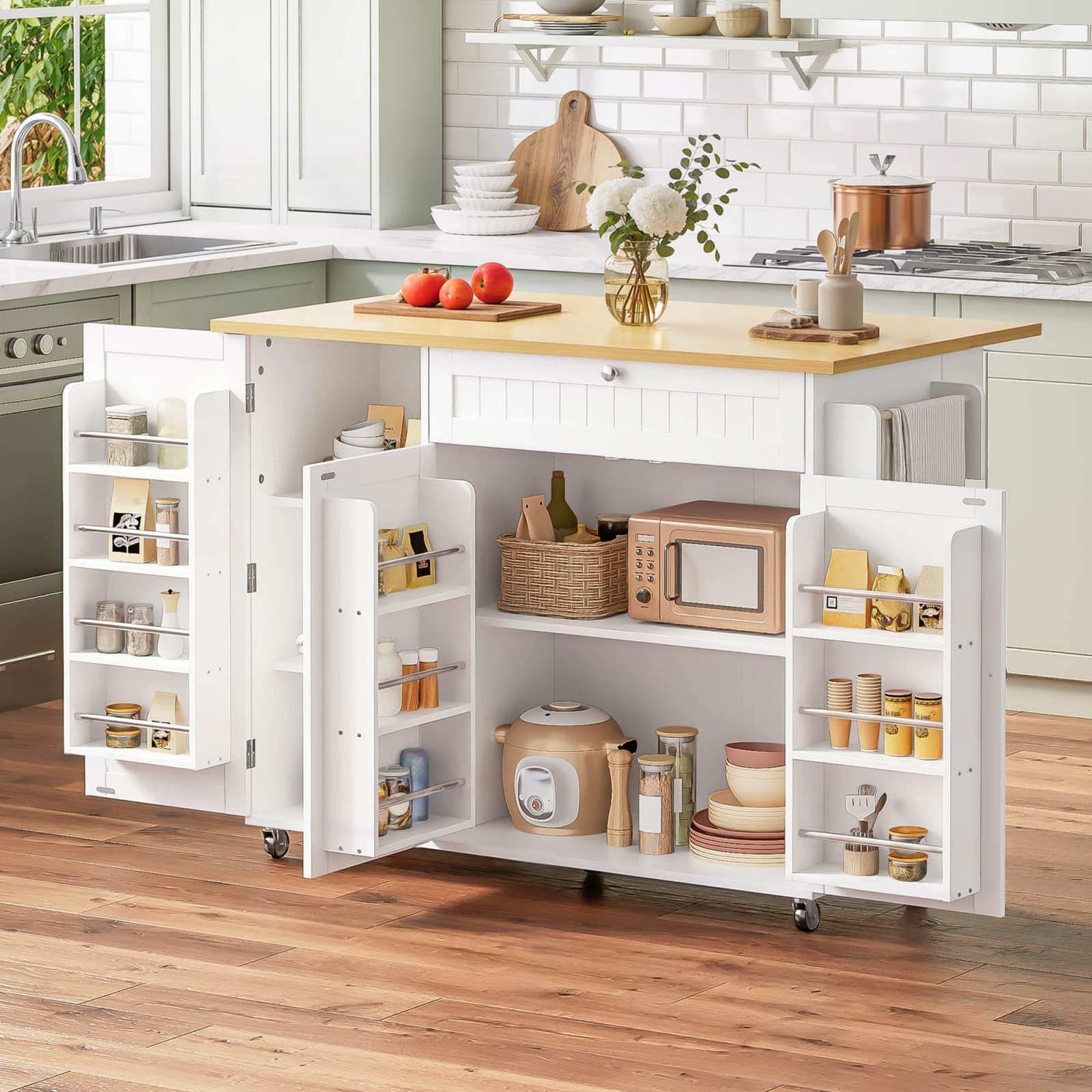 KOMHTOM Desserte de Cuisine à roulettes avec Plan Travail Rabattable Chariot Rangement Grand Tiroir Placard Blanc Bois(120cm Classique Blanc)