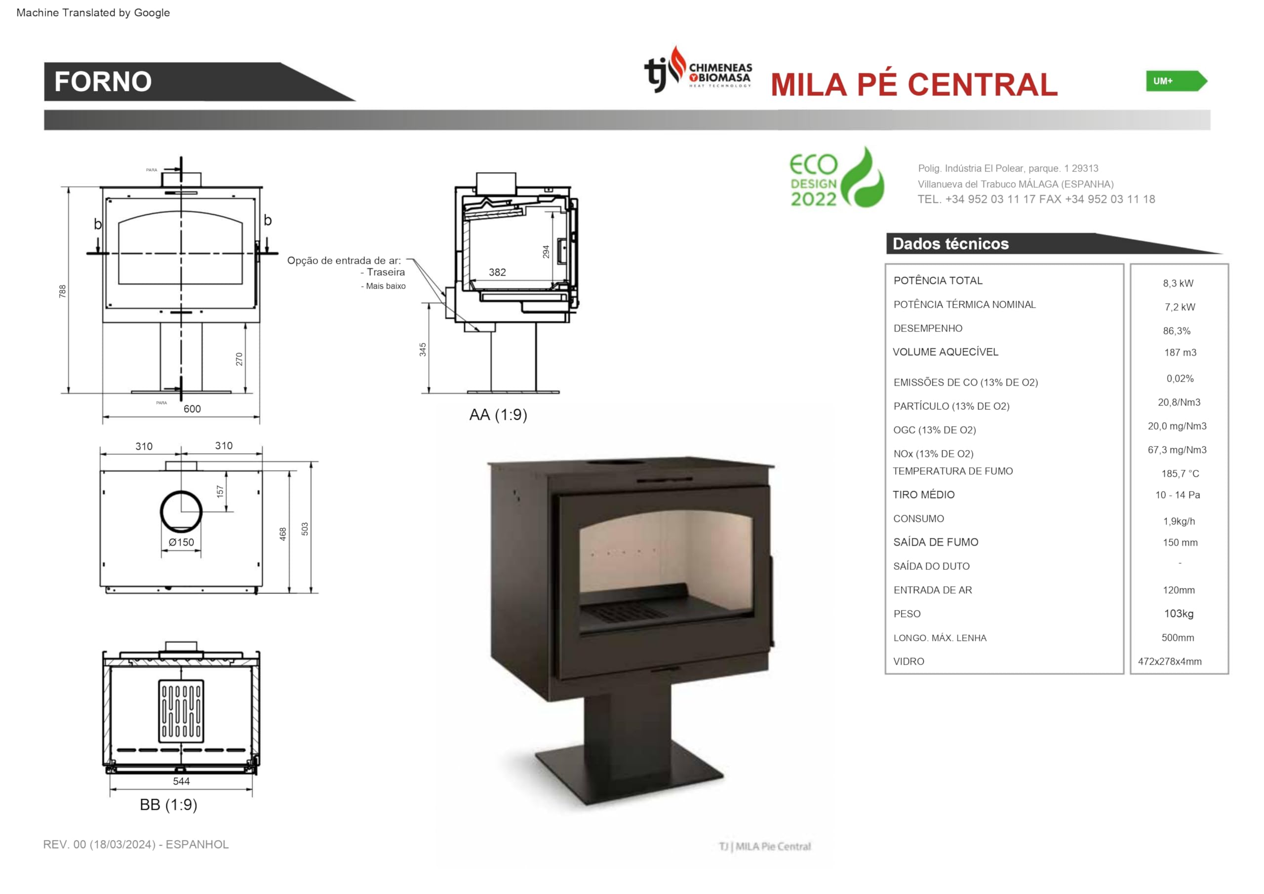 TJ - Estufa de Leña Modelo Mila PIE Central de 7,2 kW