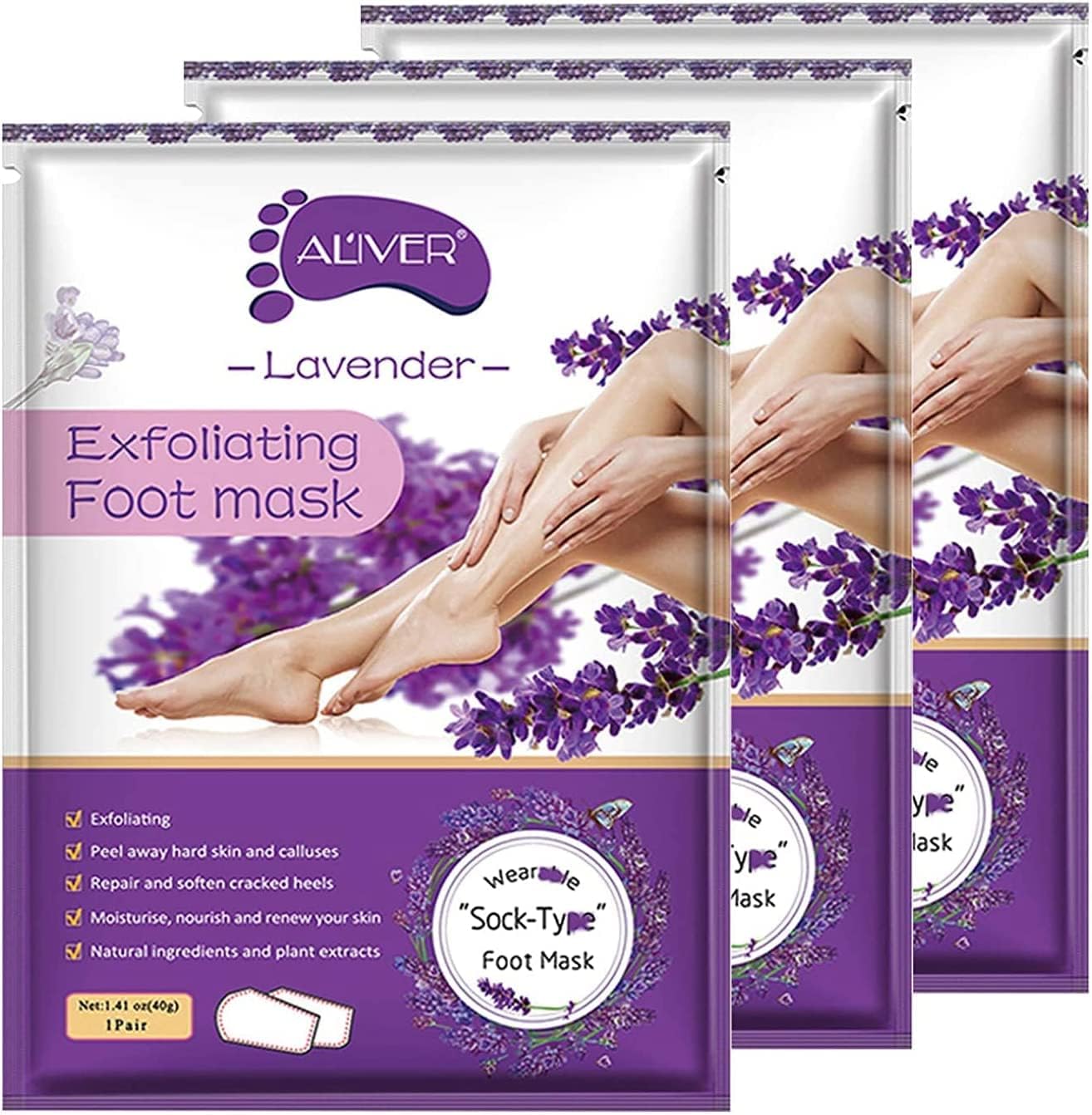 ALIVER Foot Peel Mask 3 Pack, Foot Masks Exfoliating, Lavender Exfoliator for Callus, Dead Skin, Repair Rough Heels for Women Men