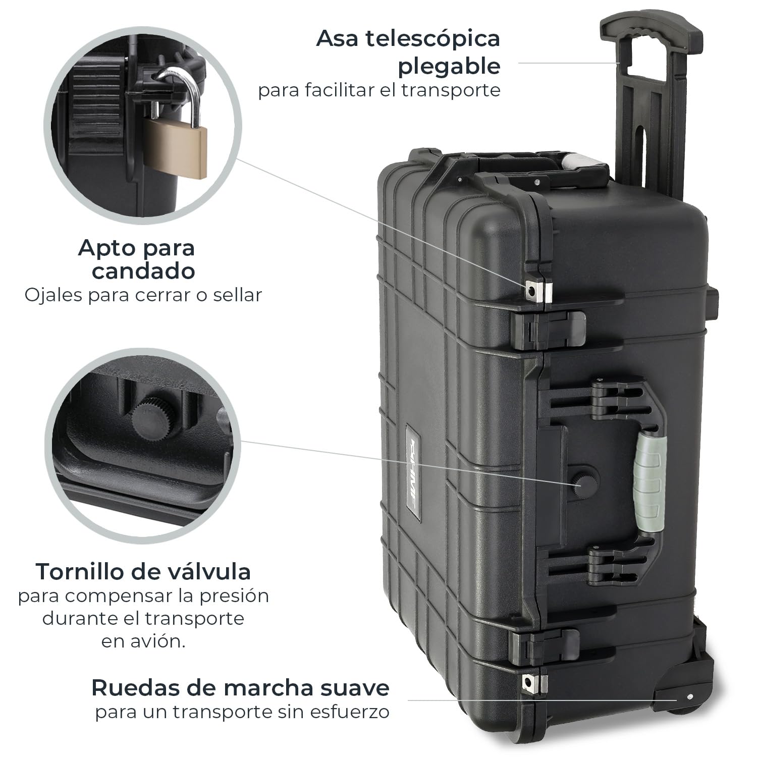 HMF Trolley de Exterior, Maleta para cámara con Espuma troquelada | 58,5 x 45 x 27,5 cm | Negro