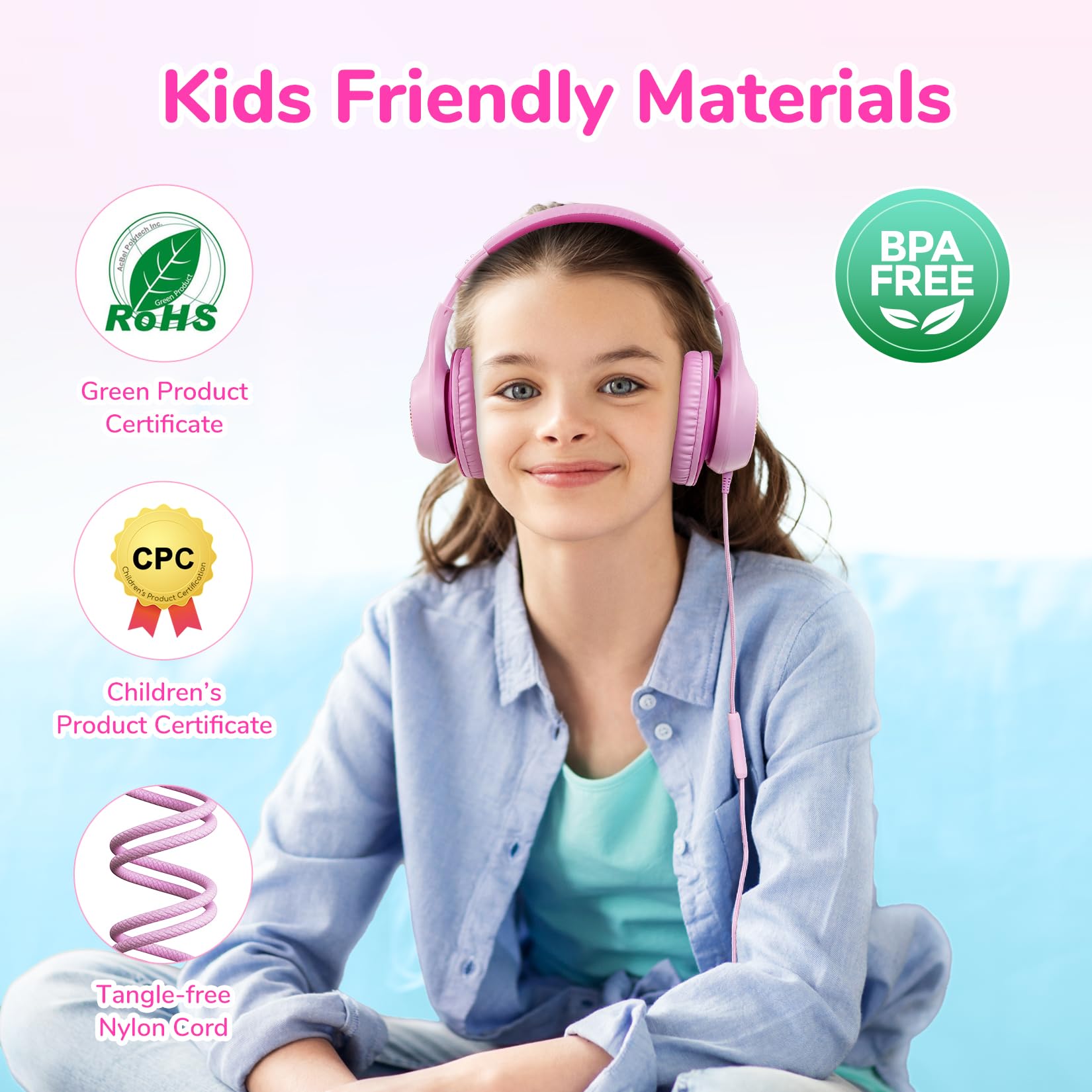 EarFun Auriculares para Niños con Micrófono, Cascos Infantiles con Cable Jack 3,5 mm, Volumen Limitado 85/94 dB, Sonido Estéreo HD, Diadema Plegable para Pad, Tabletas, La Escuela, Rosa