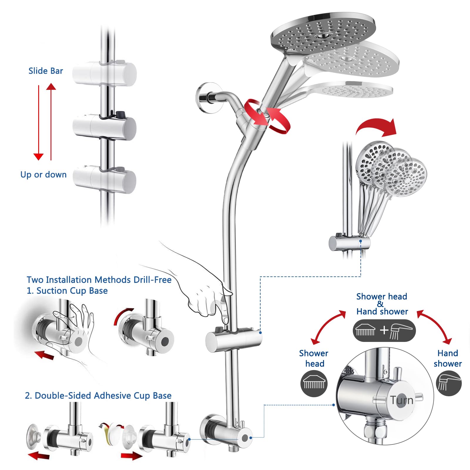 Soffione doccia ad alta pressione con doccetta, barra scorrevole regolabile in altezza da 66 cm, deviatore a 3 vie per un facile accesso, set combinato con doppio soffione doccia con tubo da