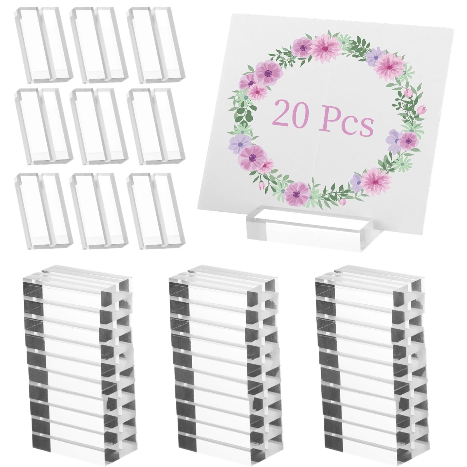 20 soportes acrílicos para tarjetas de lugar, soportes de menú transparentes con ranura para tarjetas, soportes transparentes para letreros para números de mesa, soportes de exhibición para bodas y