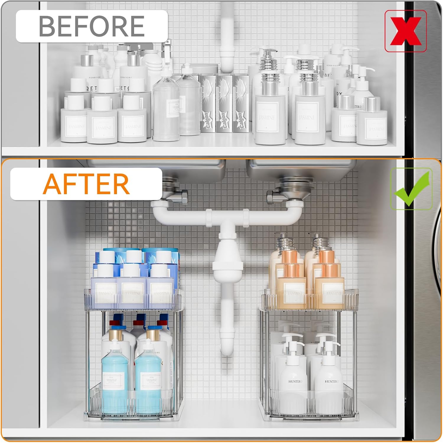 2 Pack Large Pull Out Bathroom Organizers and Storage,2 Tier 12.8″ Tall Sliding Kitchen Under Sink Organizer for Cleaning Products Storage,Acrylic Clear Bathroom inder Sink Organizer,Undersink Storage - Image 4