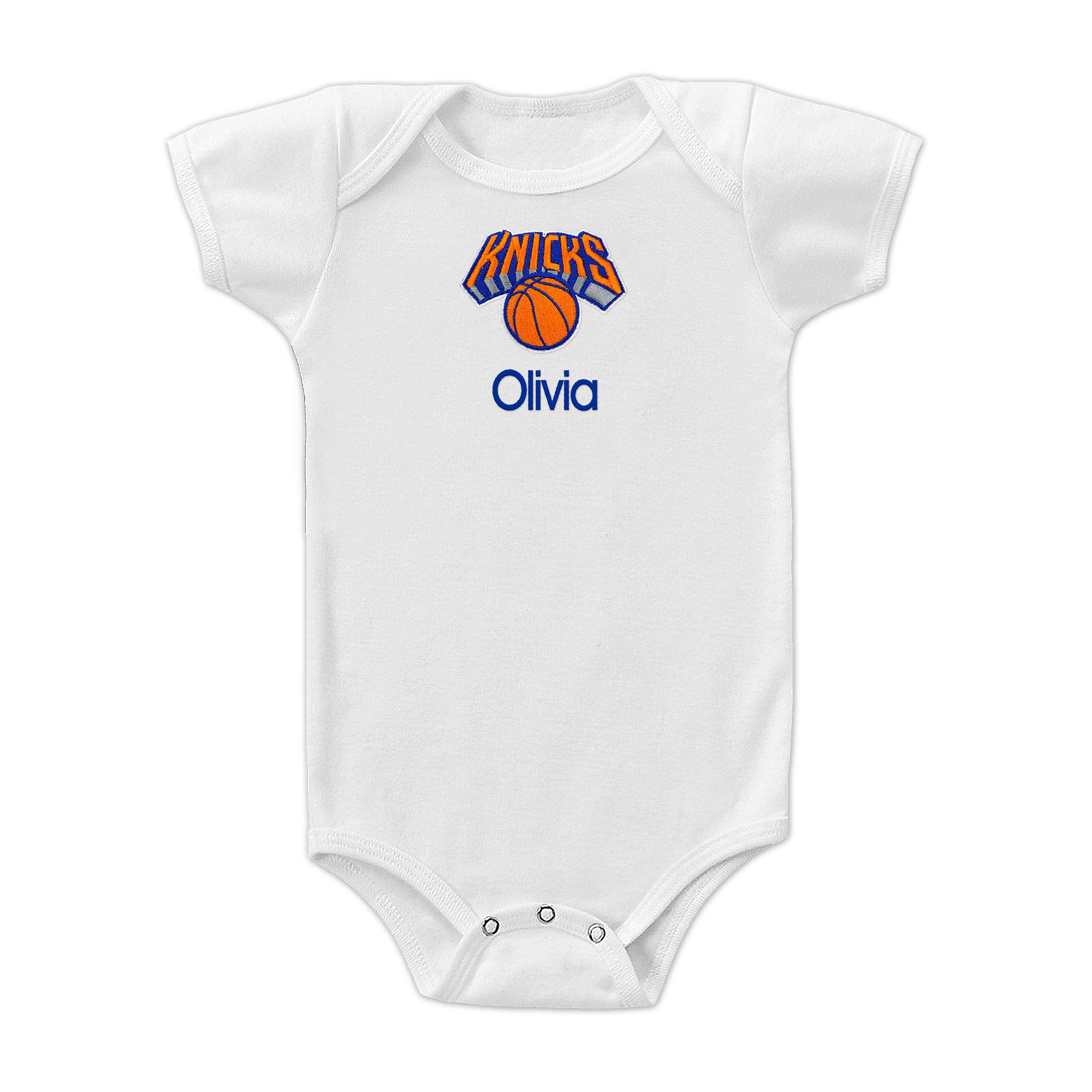 New York Knicks Custom Baby Bodysuit - Personalized Baby Name Embroidery & Official NBA Team Logo, Envelope Neck, Cotton, Double-Stitched, Supersoft, NBA Baby Bodysuit (White, 3-6 months)