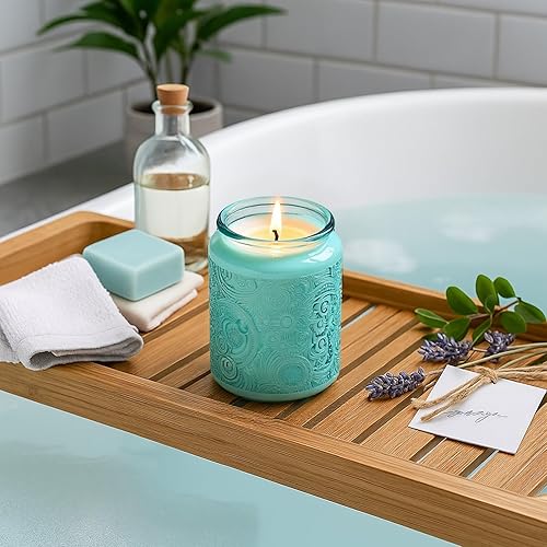 Miniatura 5 de Art Secret Paquete de 9 tarros de vela de vidrio en relieve de 8 onzas con tapas y etiquetas, diseño de estrellas de sol y luna (azul)