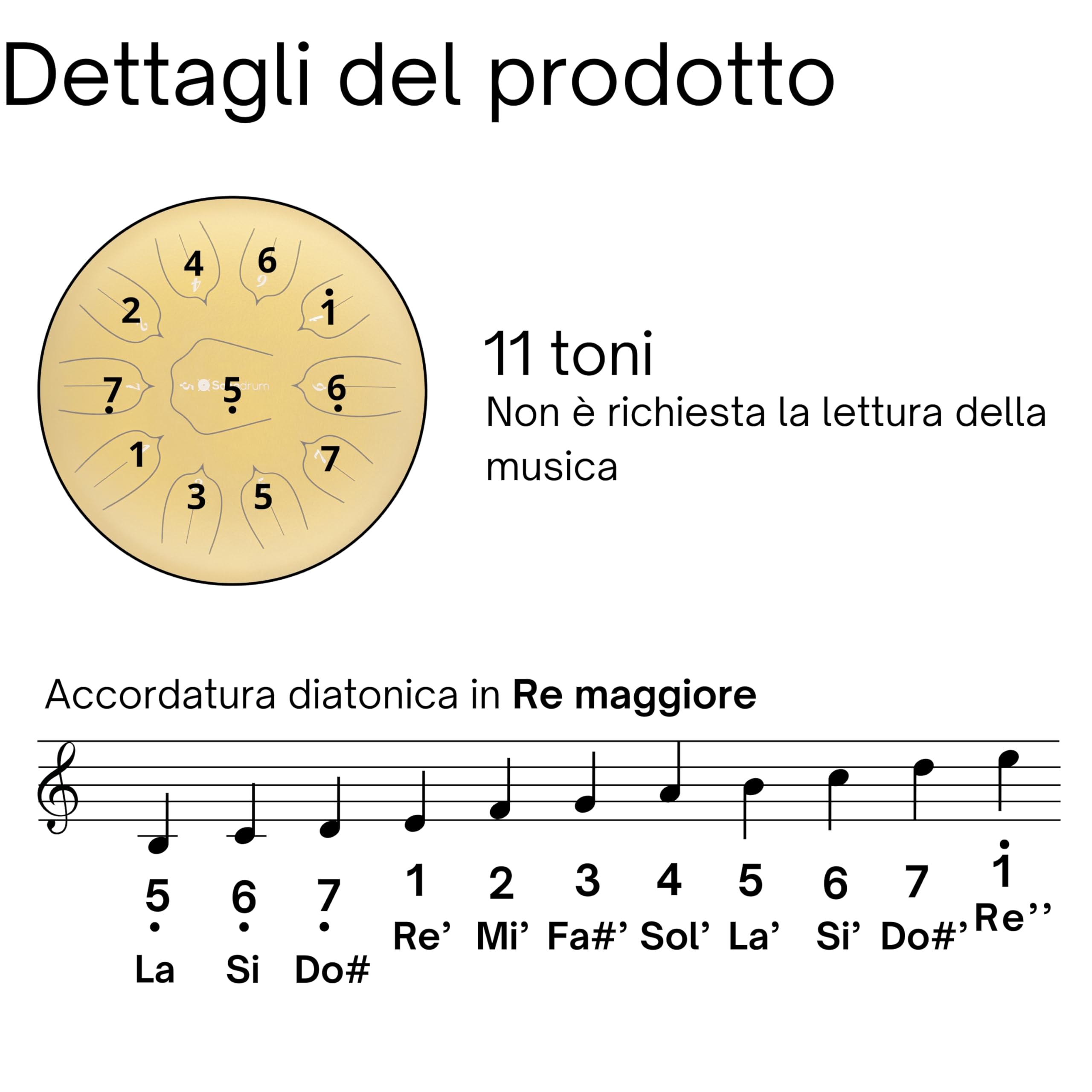 tamburo a lingua d'acciaio 'Standard' in Re Maggiore, verde - 30 cm con 11 note - steel tongue drum con canzoniere, mazzuoli, fingersticks e borsa da trasporto. Senza leggere le note.