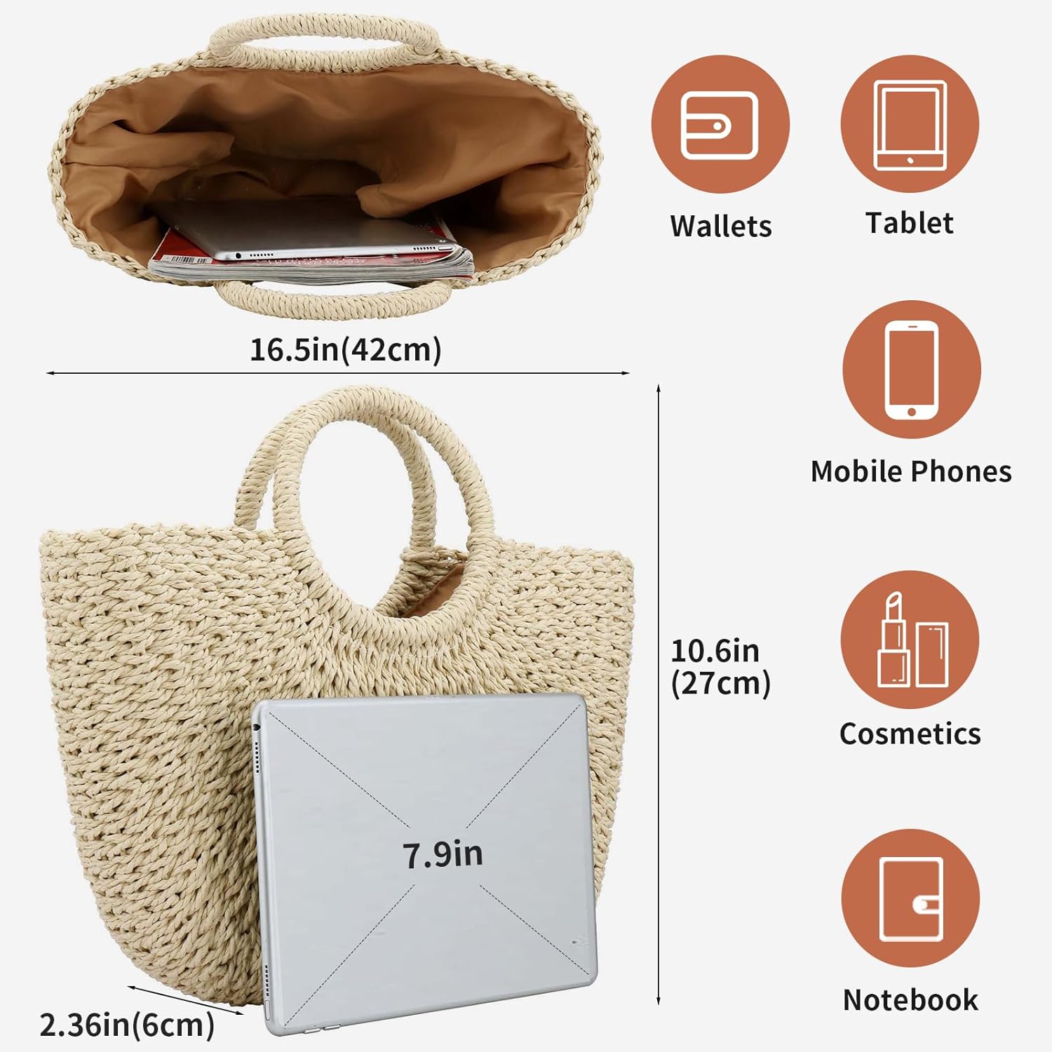 Women Summer Beach Bag, Straw Handbag Top Handle Big Capacity Travel Tote Purse Hand Woven Straw Large Hobo Bag - Image 4