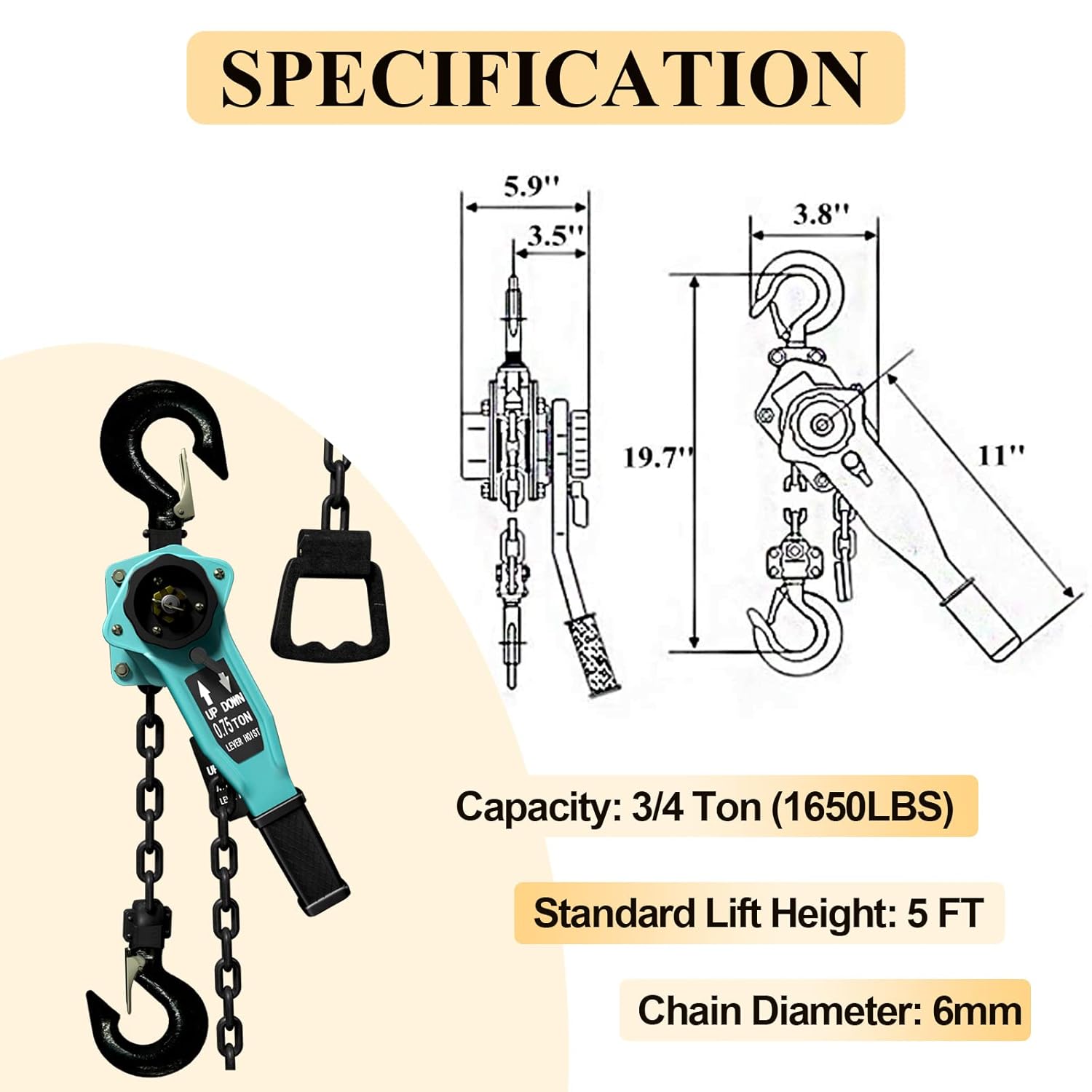Pachletool Lever Chain Hoist Chain Come Along 1650 LBS Capacity, 5 FT Manual Chain Hoist with 2 Heavy Duty Hooks, Ratchet Puller Hoist for Building Warehouse Garages Construction: Industrial & Scientific