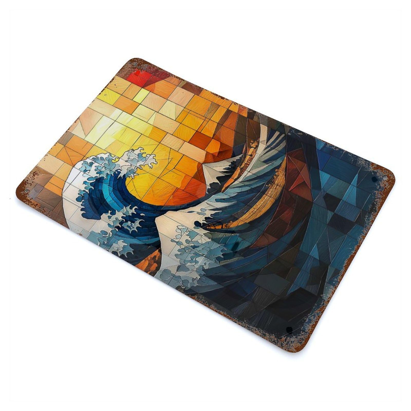 The Great Wave Stained Glass Mosaic Artwork 11.8"x7.9" Rust Effect Tin Sign, Industrial Home Decor for Living Room, Hallway And Home Decor