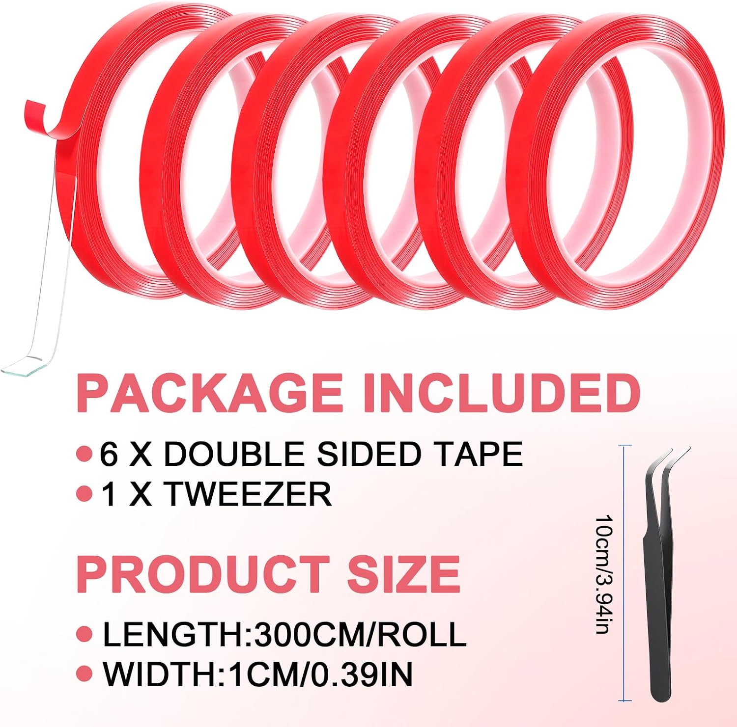 6 Rolls Double Sided Tape for Nails, Adhesive Nail Tape with Tweezer Red Press On Nail Packaging, Stand Sticky Tabs Double Sided Fake Nail-Art Storage Display Salon Press On Nails Supplies
