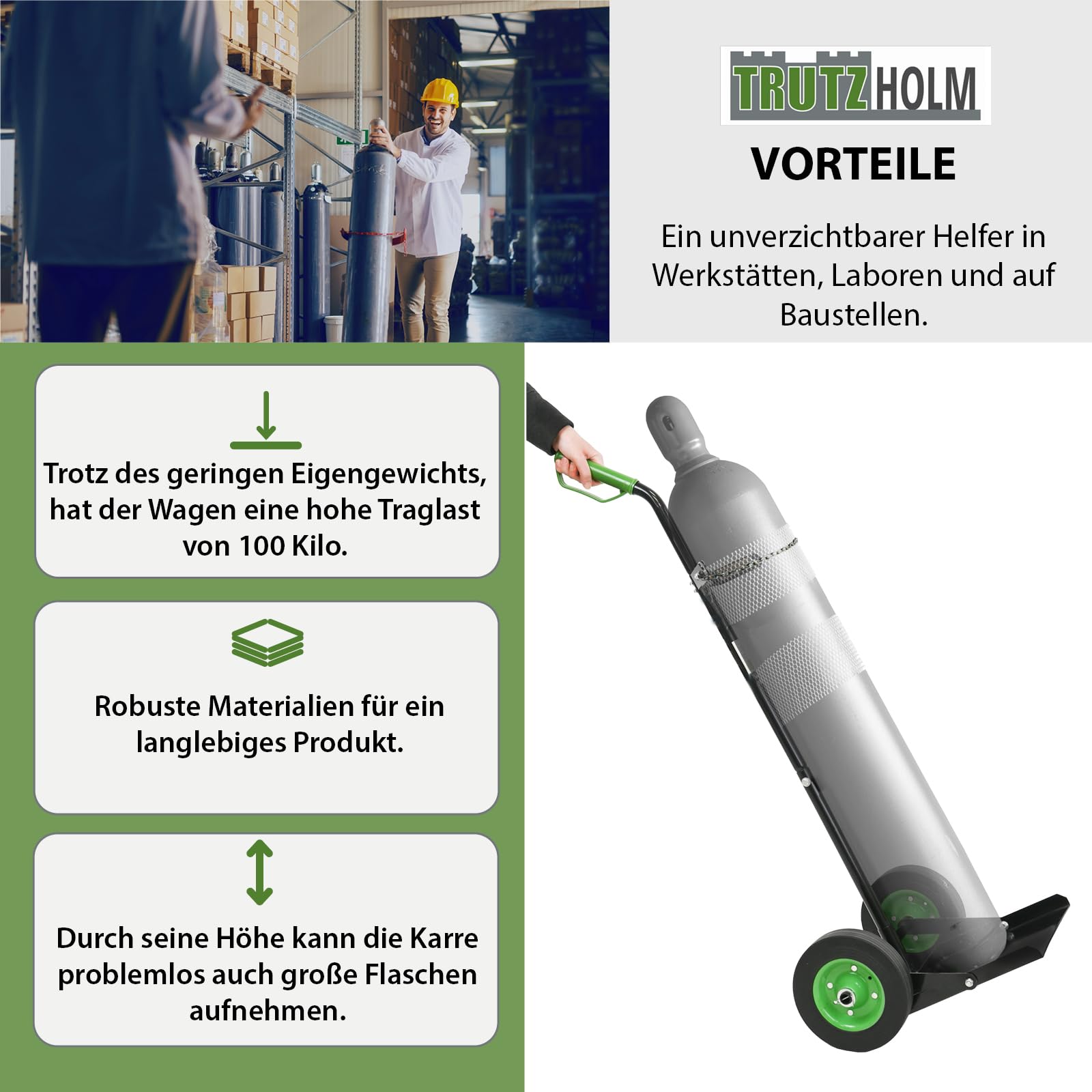 TRUTZHOLM Gasflaschenkarre 100kg Traglast mit Handschutzbügel & Sicherungskette Transport von technischen Gasen Gasflaschenwagen Transportkarre