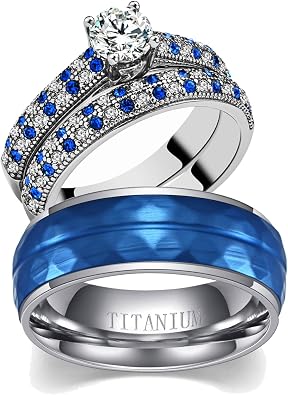 Wedding Ring Sets His And Hers Promise Ring Adjustable size Wedding Ring Sets His And Hers Couples Women 925 Sterling Silver Blue Cz Man Titanium Wedding Bands