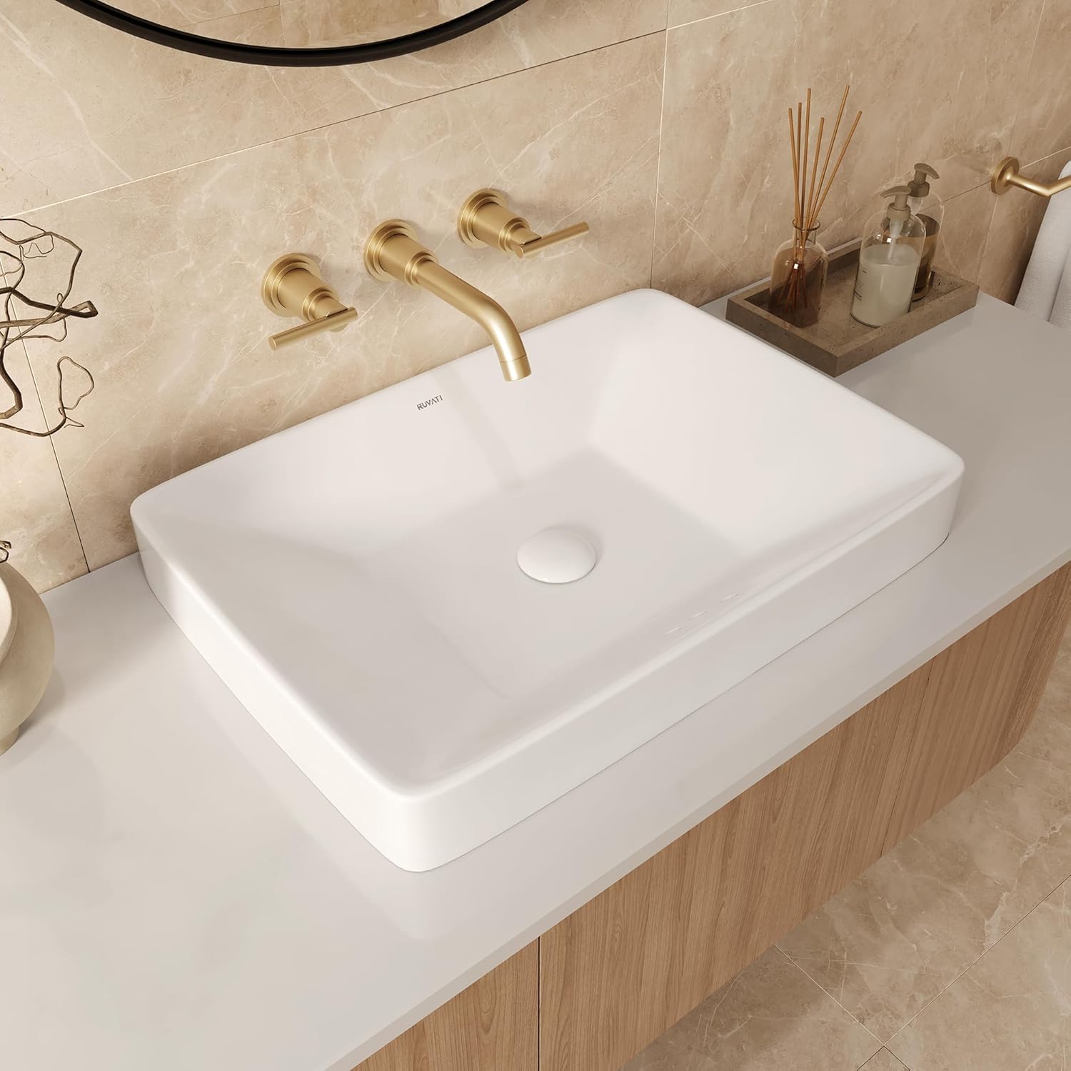 Ruvati 24 inch Bathroom Vessel Sink White Semi Recessed Rectangular Porcelain Ceramic - Utility Sink, Wall Mount Bathroom Sink for Modern Bathrooms - RVB0824WH