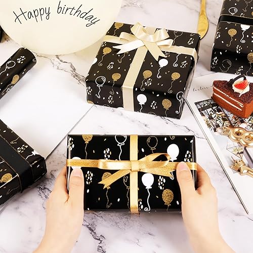 Miniatura 6 de Rollo de papel de regalo de cumpleaños, papel de regalo negro mate y dorado para mujeres, hombres, niños y niñas, diseño de globo de lámina dorada,