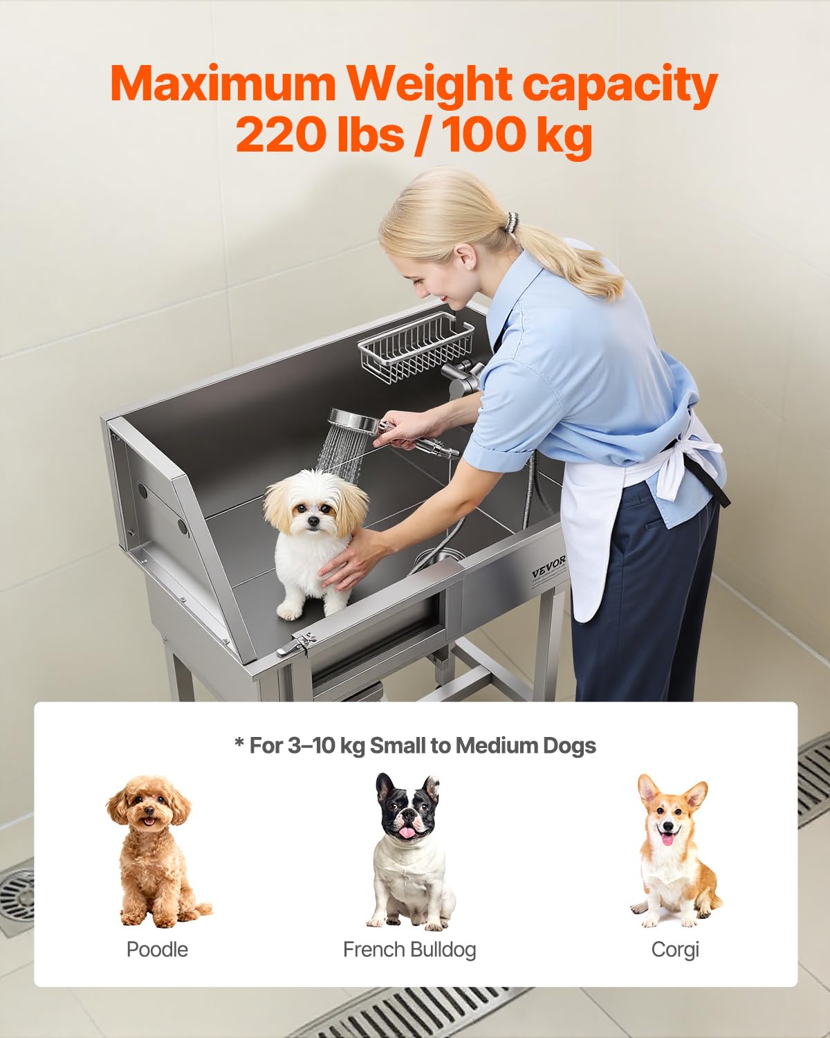 VEVOR Estación de Lavado para Perros 87cm Acero Inoxidable, Bañera para Mascotas 100kg con Grifos de Agua Fría y Caliente, Ajuste de Presión, Drenaje, Escalera para Hogar Veterinaria, Puerta Izquierda