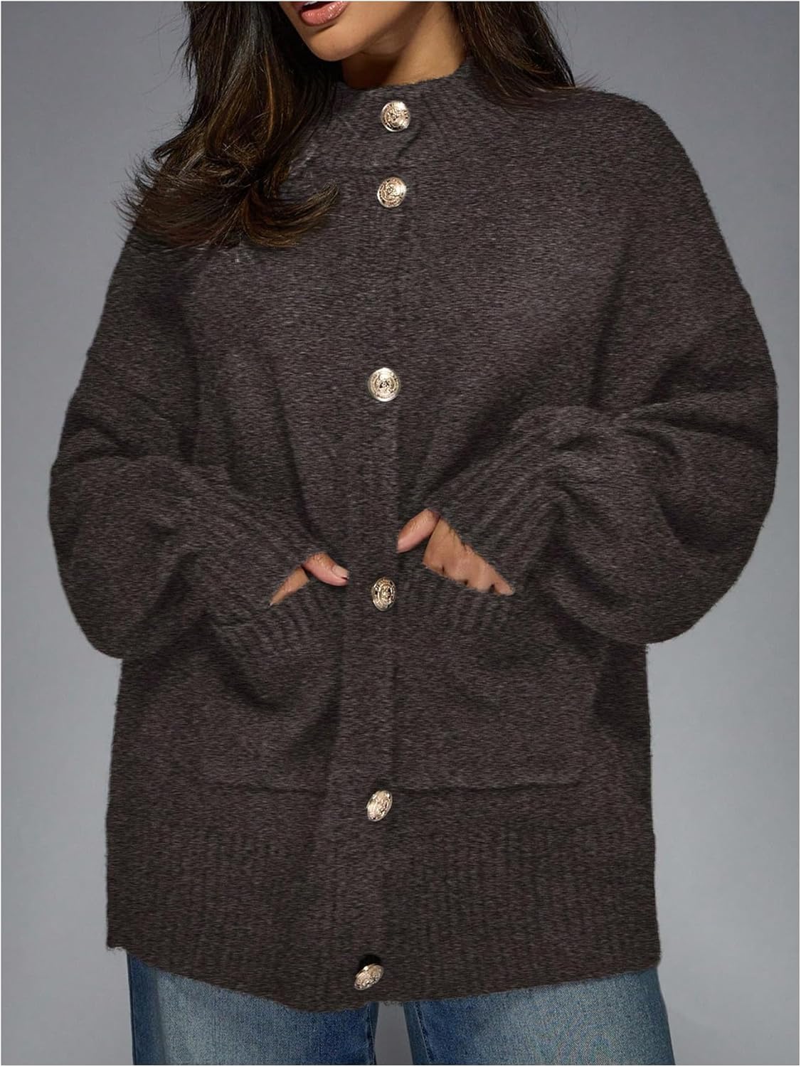 GORGLITTER Women's Winter Button Down Oversized Cardigan Sweaters Mock Neck Long Sleeve Chunky Knit Trendy Outerwear - Image 4