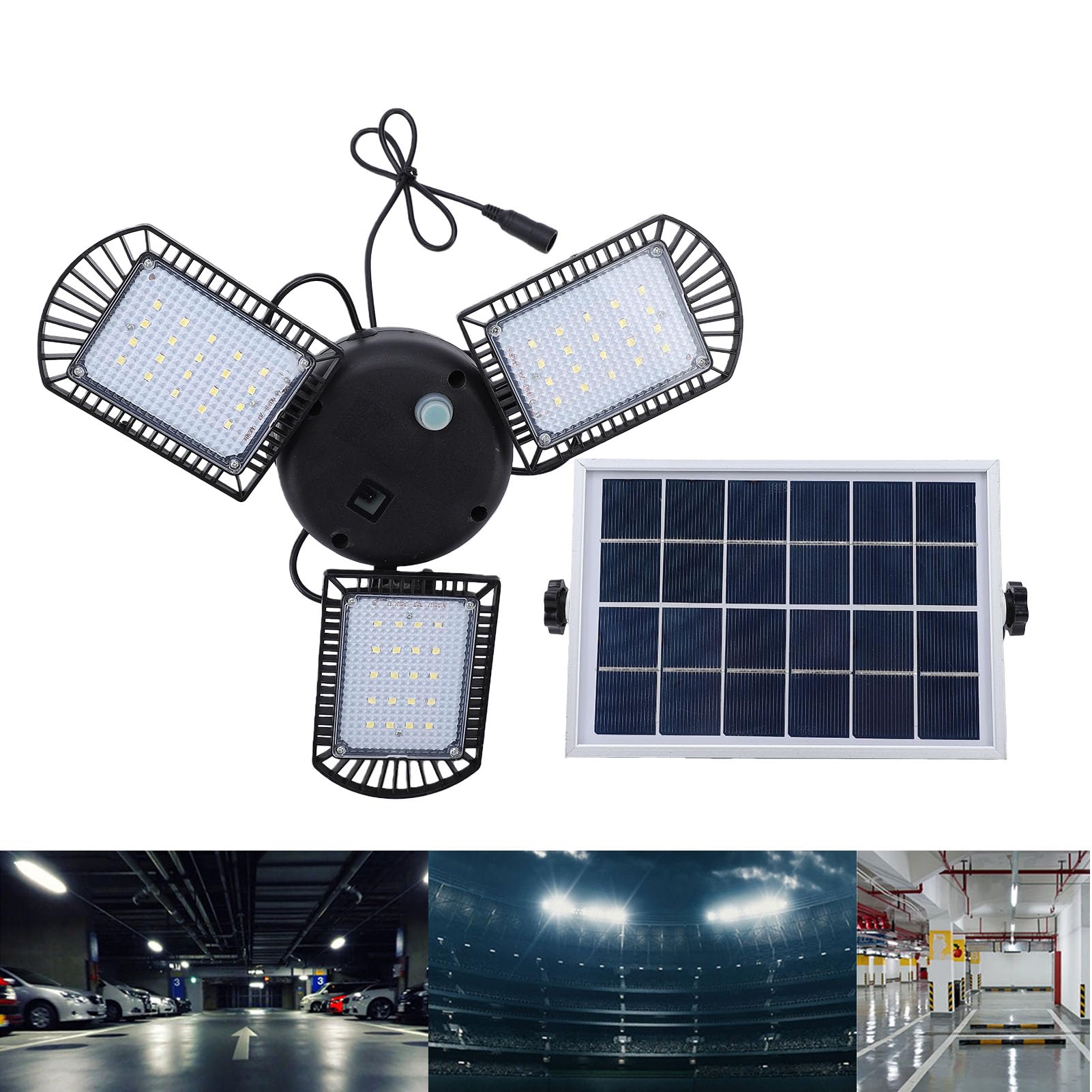 Fafeicy Luce Solare da Soffitto, 800 Flussi Luminosi con Telecomando, Pannelli Regolabili, Plafoniera LED per Garage, Batteria a Lunga Durata, per Fienile e Patio