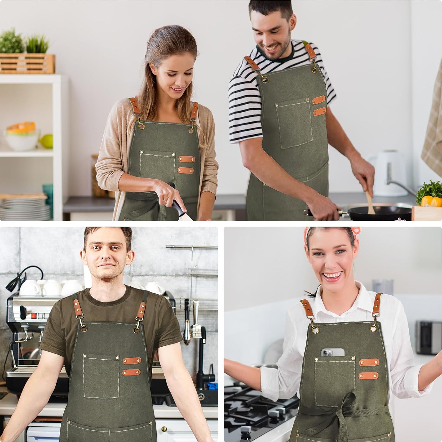 Chef Apron for Men Women Canvas Aprons with 3 Pockets Cross Back Resistant Work Apron for Cooking - Image 6