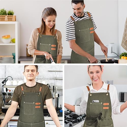 Miniatura 6 de Delantal de chef para hombres y mujeres, delantales de lona con 3 bolsillos traseros cruzados, delantal de trabajo resistente para cocinar