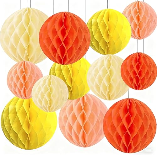 Miniatura 5 de Capesaro Juego de 12 bolas colgantes de panal de abeja en color negro, naranja y blanco, decoraciones de fiesta temática de Halloween, pompones de