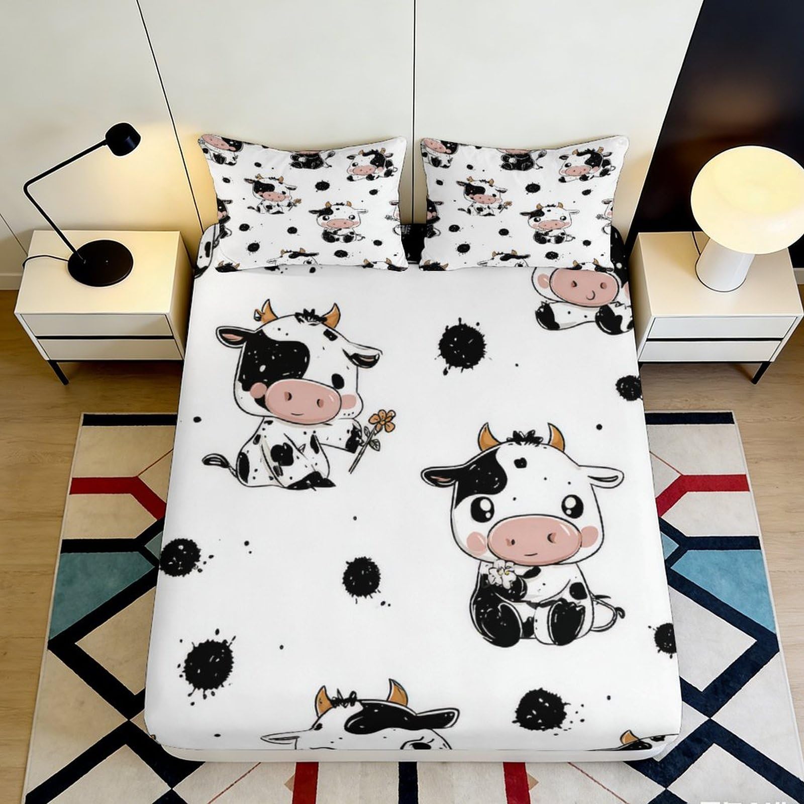 Uynsixtme Style-7 3D Printed Cartoon Cow Fitted Sheet Microfiber Deep Pocket Non-Slip Bedroom Cow Mattress Fitted Cover For All Ages Home Bedding 200X200x25cm