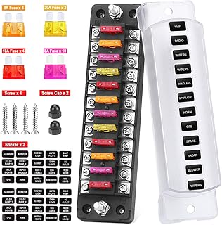 Electop 12 Way Fuse Box Blade Fuse Block with Negative Bus, 12 Circuit Blade Fuse Box Holder Fuse Block with Ground, Waterproof Protection Cover Sticker for 12V/24V Automotive Car Truck Boat Marine RV