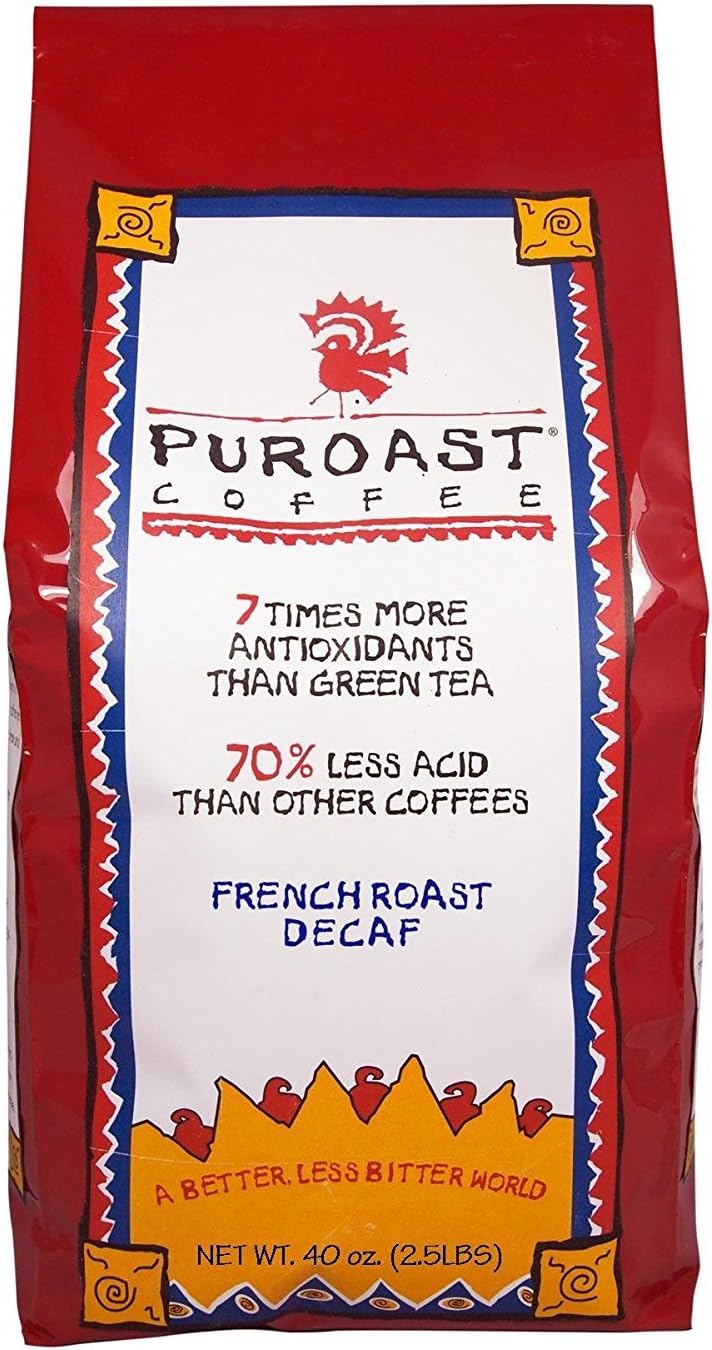 Puroast Low Acid Coffee Decaf Whole Bean | Decaf French Roast Whole Bean | Dark Roast | High Antioxidants & High pH |No Bitter Aftertaste | Reduced Heartburn & GERD | Suitable for Cold Brew - 2.2 LB
