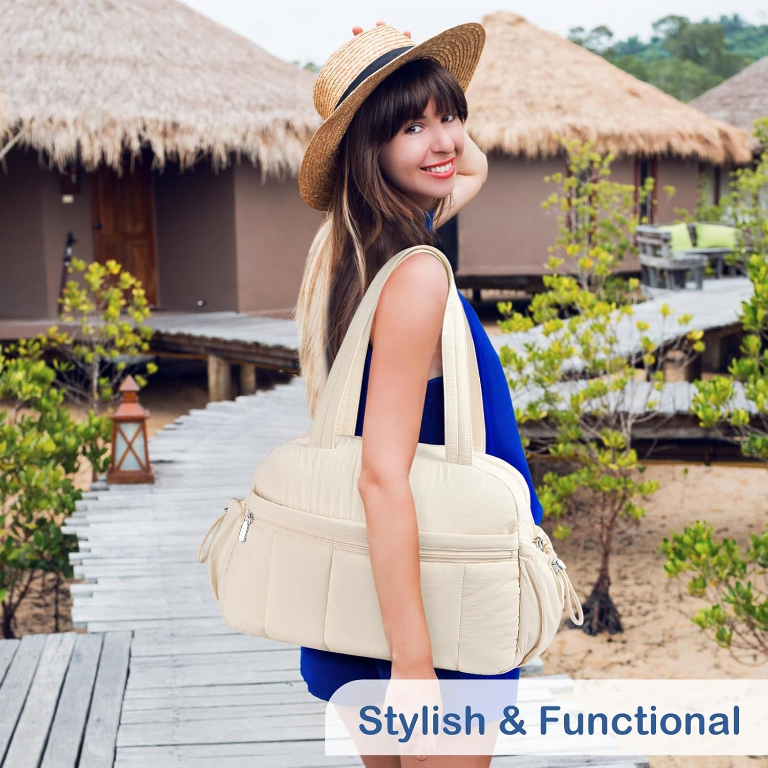 TOPDesign Travel Duffel Bag for Women, Puffer Gym Bag Sports Tote with Wet Pocket, Carry On Weekender with Luggage Sleeve (Beige) - Image 8