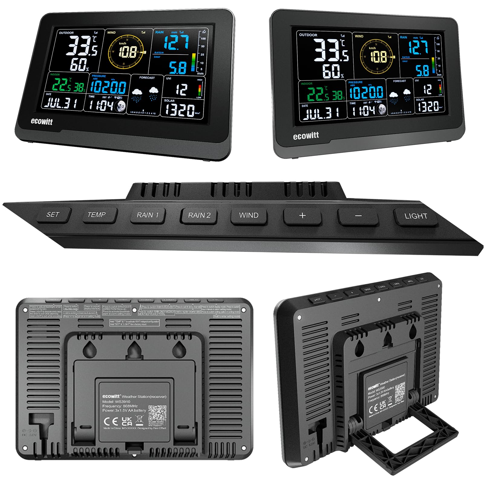 ECOWITT 3-in-1 WS3900_C Console d'intérieur LCD couleur, écran 7.5 pouces Capteurs de température, d'humidité et de pression barométrique intégrés, assistance météo pour WS90/WS85/WS69/WS80