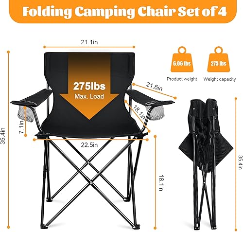 Miniatura 2 de HaSteeL Paquete de 4 sillas de campamento, sillas plegables de gran tamaño con portavasos para adultos, silla portátil y bolsa de transporte para