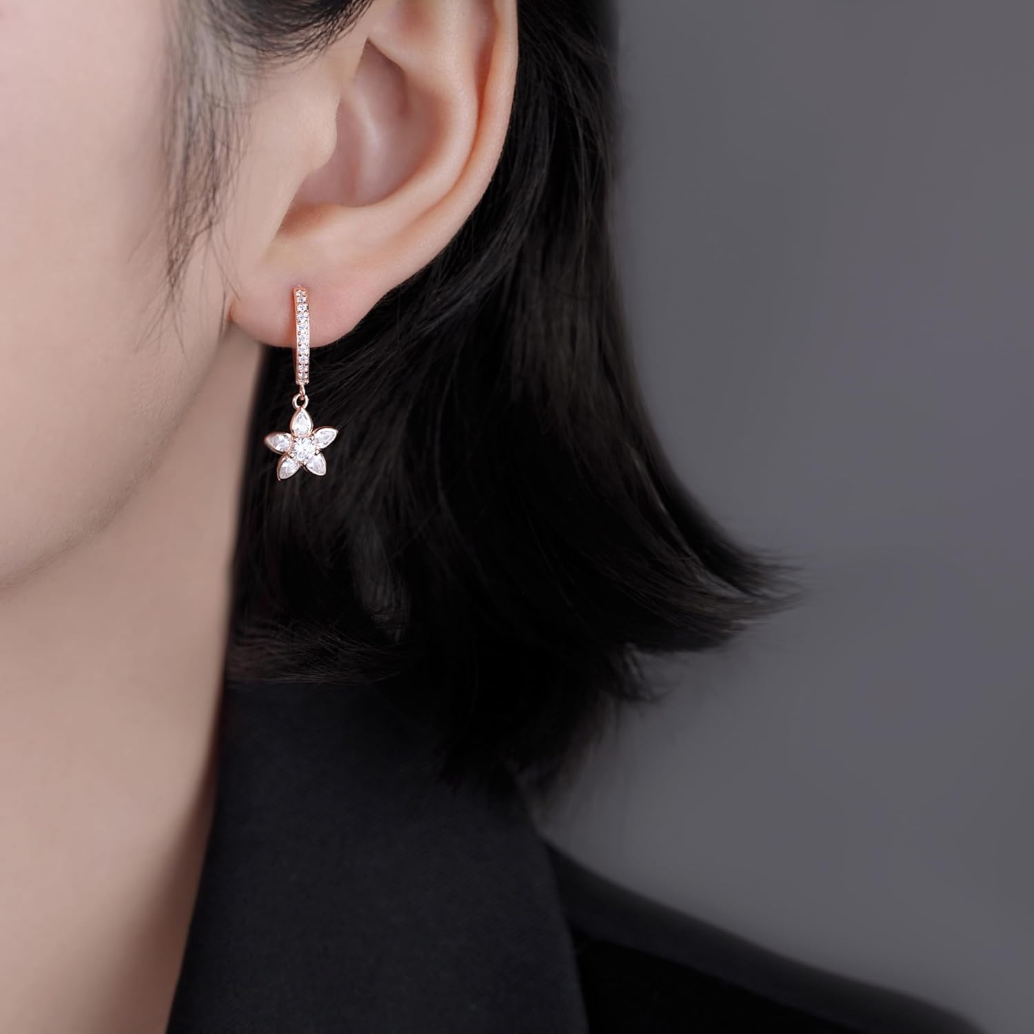 Reffeer Solid 925 Sterling Silver CZ Flower Earrings Dangle for Women Teen Girls Flower Drop Hoop Earrings Huggie - Image 2