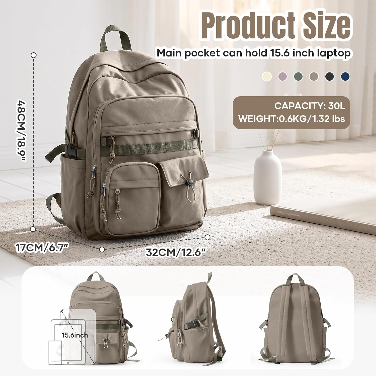 Large Capacity Laptop Backpack 30L Casual Back Pack with Multiple Pockets, Fits 15.6" Laptop, Lightweight Personal Carry On Bag Water Resistant Daypack for Women, Men, Nurse, Teacher, Brown image 4