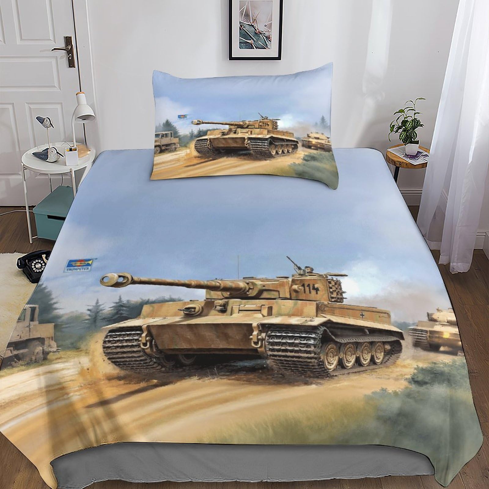 DAFUfbw Single（135x200cm） WW2 Panther Tank Quilt Cover Set with Hidden Zipper, Tiger I Duvet Cover Set with Pillowcases Soft Microfiber Luxury Tiger I Bedding Set