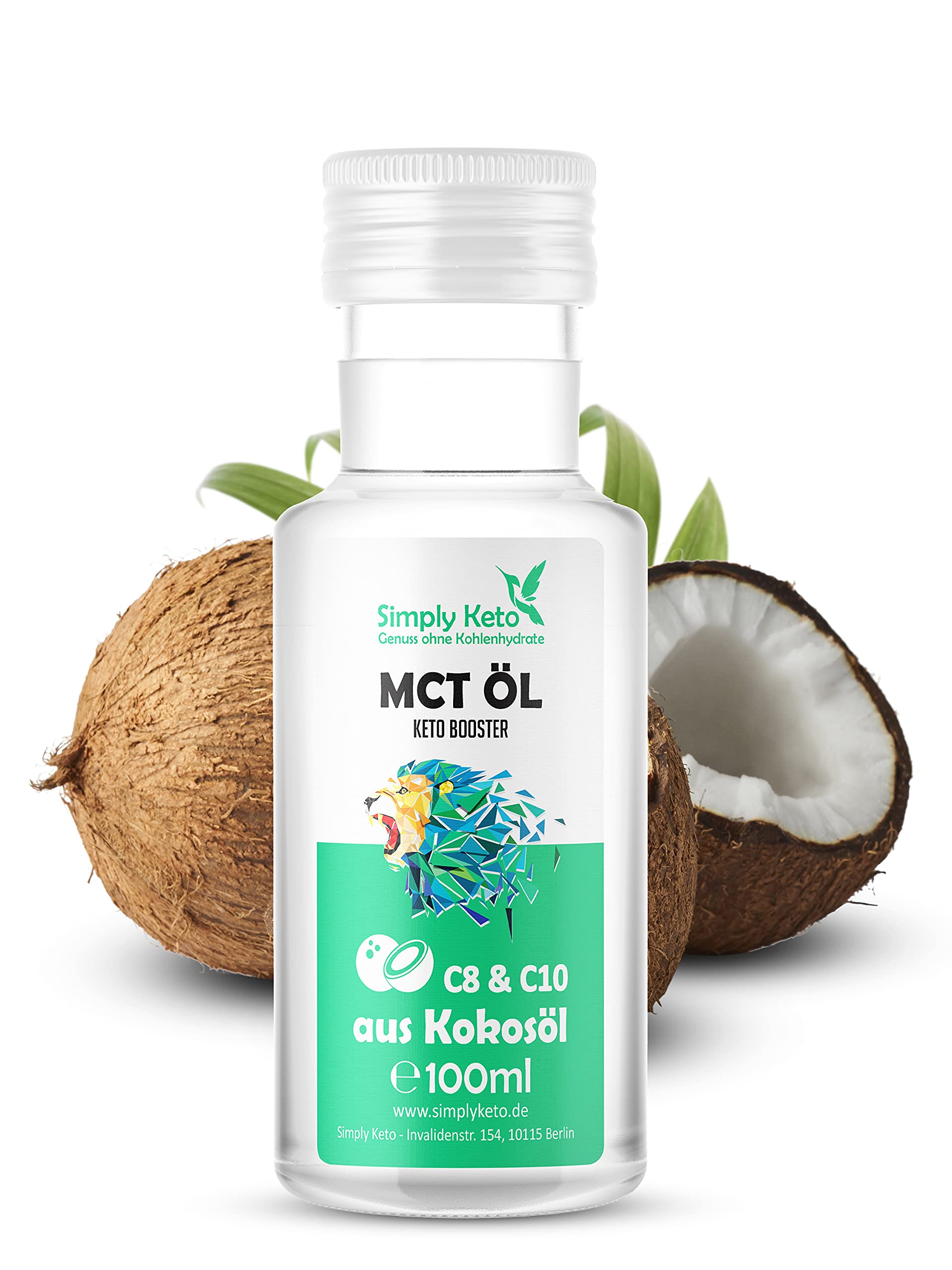 Simply Keto MCT Öl (100ml) - Keto Booster aus 100% Kokosöl - 70% Caprylsäure C8 und 30% Caprinsäure C10 - Vegan & Palmölfrei - Optimal für ketogene Ernährung & Bulletproof Coffee - 100ml