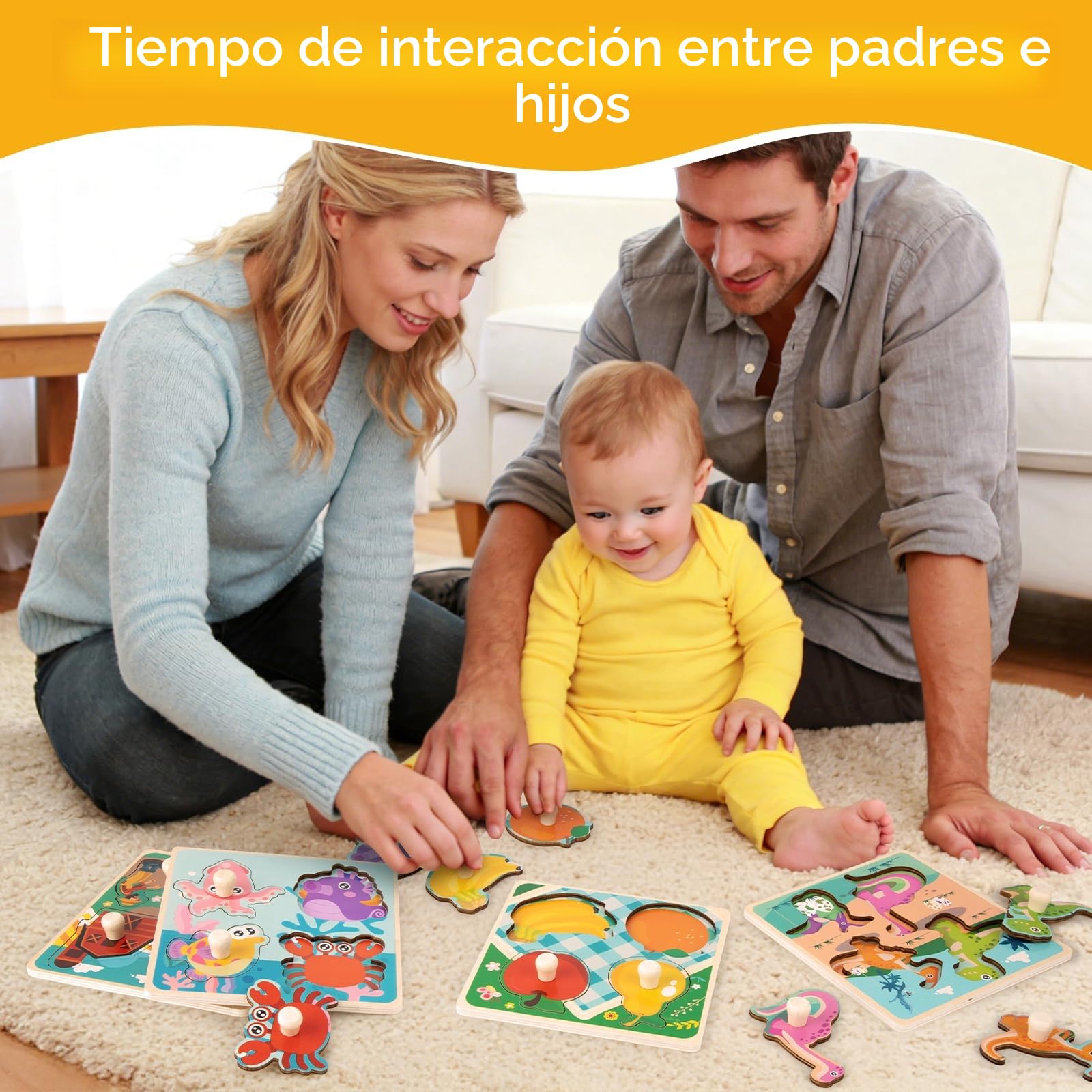 Puzzle Madera 1 2 Año, 4Pcs Puzzles Infantiles de Madera con Mango, Juguetes Montessori Bebe Puzzles Animal Frutas Educativos Rompecabezas Juguetes Regalo Navidad para Niños de 2 3 Años